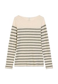 Langärmliges gestreiftes Oberteil in Creme und Grau, mit weitem Ausschnitt und weicher Textur. Horizontale Streifen wechseln sich zwischen den Farben ab.