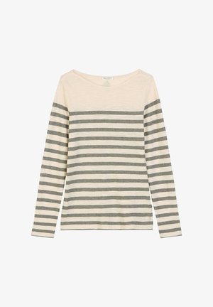 Lange mouwen gestreepte top in crème en grijs, met een brede halslijn en een zachte textuur. Horizontale strepen wisselen af tussen de kleuren.