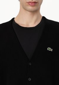 Čierny pletený cardigan s gombíkmi, s malým zeleným logom krokodíla Lacoste na ľavej hrudi. Nosený cez čierne tričko.