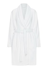 Biały pluszowy szlafrok z kołnierzem szalowym, długimi rękawami i teksturowanym paskiem. Miękka, chłonna tkanina o gładkim wykończeniu.