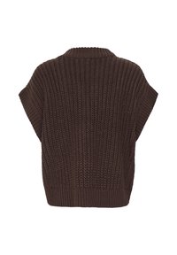 Gilet épais sans manches en maille marron foncé avec col, ourlet et bords des emmanchures côtelés, vu de dos.