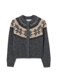 Cardigan in lana grigia con gioga rotonda decorata con motivi beige e scuri, chiusura frontale con bottoni e polsini e orlo a coste.