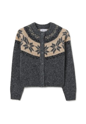 Grijze wollen cardigan met een ronde boord met beige en donkere patronen, knoopsluiting aan de voorkant en geribbelde manchetten en zoom.