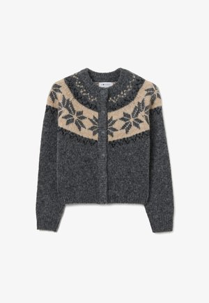 Grau melierter Wollcardigan mit rundem Yoke, beige und dunklen Mustern, durchgehend knöpfbare Vorderseite sowie gerippten Bündchen und Saum.