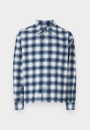 Knoopsluitingshemd in een blauw-witte ruitpatroon, gemaakt van zachte stof. Voorzien van een puntkraag en knoopsluiting aan de voorkant met lange mouwen.