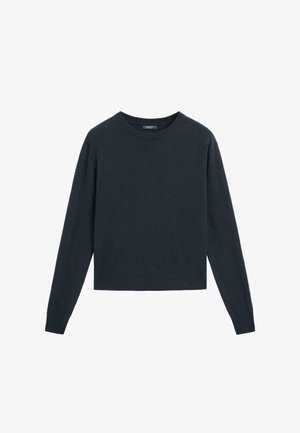 Maglione blu scuro realizzato in morbido tessuto a maglia, con collo rotondo, maniche lunghe e un design cropped con polsini e orlo a coste.