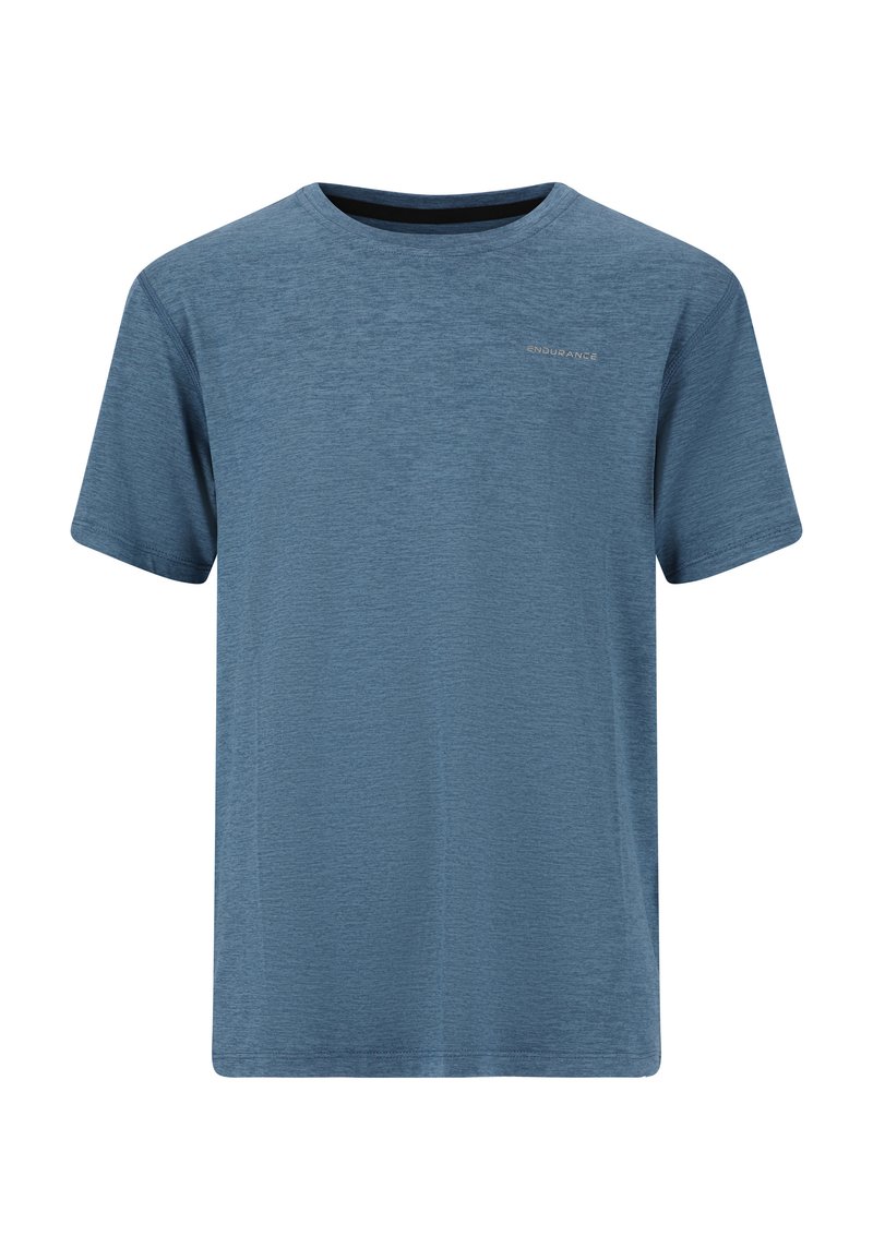Blå kortärmad tränings-T-shirt med rund halsringning och liten "ENDURANCE"-logga på vänster bröst.