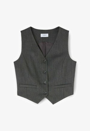 Gilet grigio a spina di pesce con colletto a revers, cinque bottoni frontali e due tasche laterali. Fodera interna liscia di colore scuro.