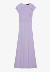 Lavendel maxi-kjole med blonde brystparti, korte ermer og en glatt, flytende skjørt. Har en nøkkelhullsdetalj bak.