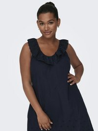 Robe sans manches bleu marine présentant un col froncé, des broderies florales le long de l'ourlet et une silhouette évasée décontractée.