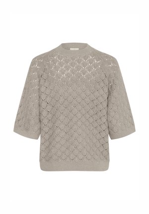 Gray knitted sweater with a loose fit, featuring a textured pattern and short sleeves. Finished with a round neckline and ribbed hem.