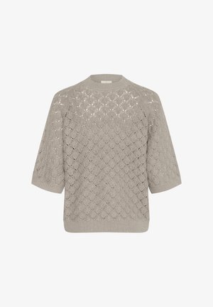 Sivi pleteni pulover s labavim krojem, koji sadrži teksturirani uzorak i kratke rukave. Završava s okruglim izrezom i rebrastim rubom.