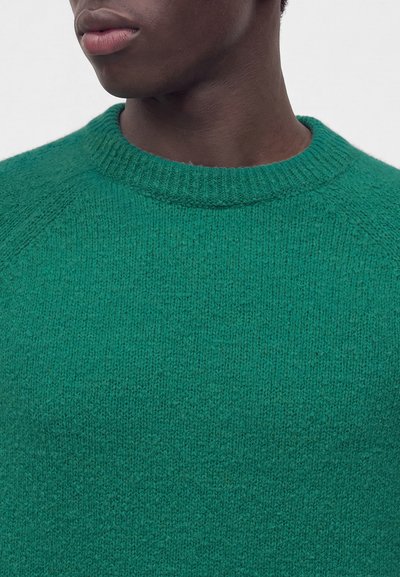 Gros plan d'une personne portant un pull vert épais et texturé à col rond, montrant la partie inférieure du visage, le cou et le haut du torse.