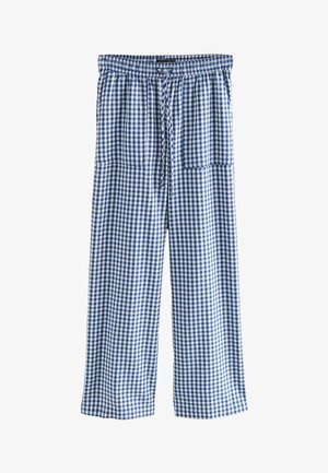 Blaue und weiße karierte Schlafanzughosen mit einem elastischen Bund, Zugband und zwei seitlichen Taschen. Der Stoff scheint leicht und strukturiert zu sein.