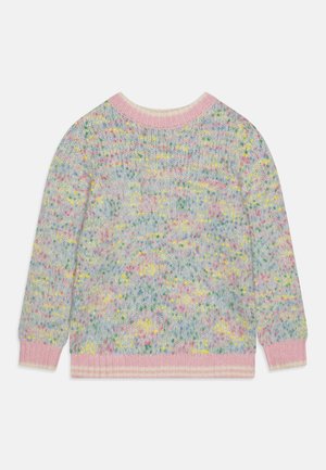 Multicolored knit sweater with a round pink collar. Textured surface features pastel shades of blue, pink, green, and yellow speckles.