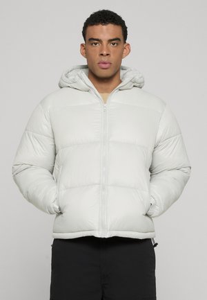 Light grey puffer jacket with a zip front and hood. Features quilted sections and elastic cuffs for a snug fit. Smooth, shiny fabric texture.