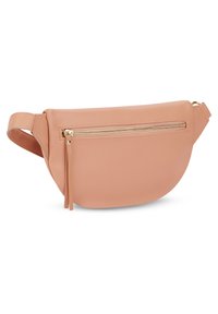 Marsupio in pelle color pesca con forma arrotondata, dettaglio della zip dorata e accentuazione con frange. Presenta una singola tracolla regolabile.