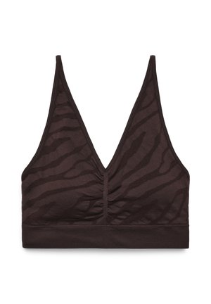 Bralette marrone con scollo a V e motivo a righe di zebra sottile. Realizzato in tessuto morbido con dettaglio arricciato al centro e banda elastica più larga.