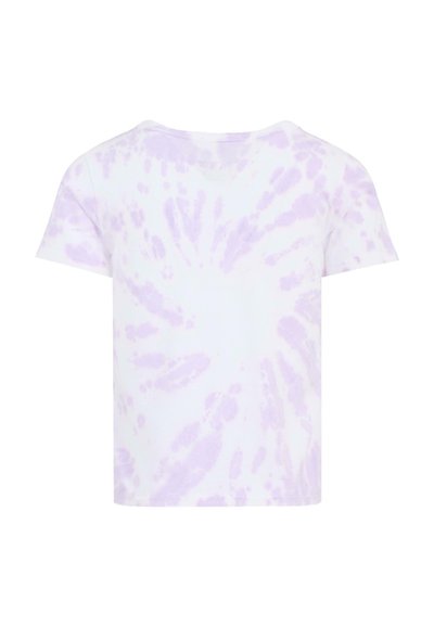T-shirt a maniche corte bianca con un motivo tie-dye lavanda, dotata di collo rotondo e materiale in cotone morbido.