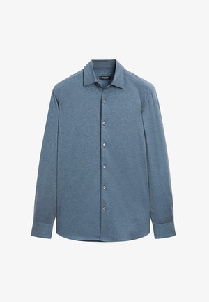 Blue long-sleeve button-up shirt in a soft, textured fabric. Features a classic collar and placket with silver buttons.