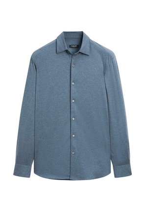 Blaues Langarm-Hemd mit Knopfleiste aus einem weichen, strukturierten Stoff. Verfügt über einen klassischen Kragen und eine Knopfleiste mit silbernen Knöpfen.