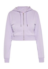 Felpa corta in lavanda realizzata in tessuto morbido, con zip frontale, due tasche e cappuccio con lacci e dettagli argentati.