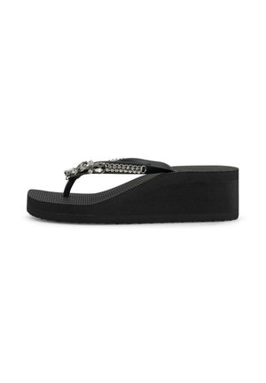Zwarte sleehakflipflop met een gestructureerde zool en decoratieve zilveren en zwarte strass steentjes op het teenslipperbandje.