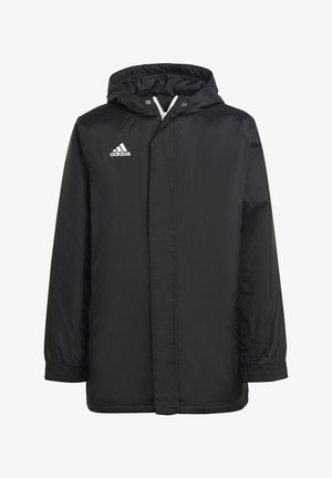 Veste imperméable noire avec capuche, dotée d'une fermeture éclair et de boutons-pression, de poignets élastiques et d'un logo Adidas sur la poitrine gauche.