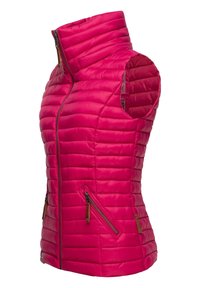 Strakke, mouwloze vest in helderroze, met een gestikte ontwerp, hoge kraag en twee ritszakken met bruine accenten.