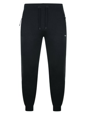 Schwarze Jogginghose mit Kordelzug, schmal zulaufenden Beinen und seitlichen Reißverschlusstaschen. Hergestellt aus weichem Stoff, mit einem kleinen Logo auf dem Oberschenkel.
