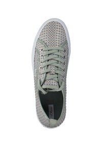 Green and beige patterned sneaker with a textured mesh upper, round toe, flat laces, and a white rubber sole. Logo visible on side.