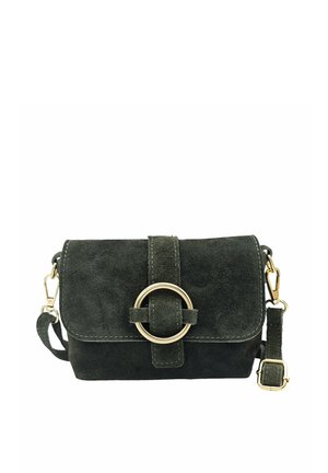 Petit sac bandoulière en daim vert foncé avec boucle circulaire dorée et sangle réglable avec attaches dorées.