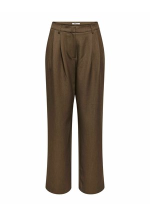 Pantaloni marroni a vita alta, gamba larga, con pieghe, passanti per cintura e chiusura frontale nascosta, mostrati su sfondo bianco.