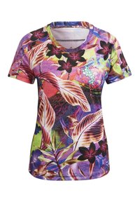 Krátký rukáv, lehká košile s živým vícetrobným květinovým vzorem s listy a květinami na fialovém pozadí.