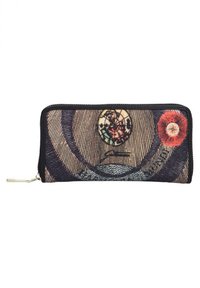 Portafoglio con zip caratterizzato da un design ricamato multicolore su una superficie in tessuto testurizzato, con motivi circolari e accenti floreali.