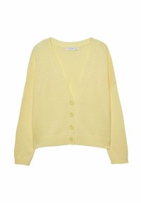 Yellow knitted cardigan with a deep V-neck, long sleeves, and five front buttons. Ribbed hem and cuffs add texture.
