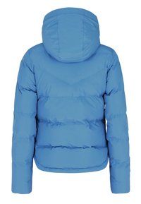 Blaues Pufferjacke mit Kapuze, ausgestattet mit einer gesteppte Textur und einem Chevron-Design auf der Rückseite. Glattes, leichtes Material.