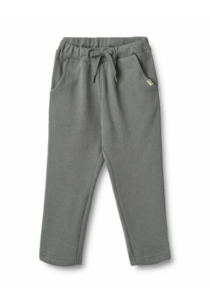 Hellgrüne, strukturierte Baumwollhosen mit elastischem Bund, Zugband und zwei Seitentaschen. Verfügt über goldfarbene Details an den Taschen.