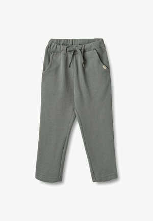 Hellgrüne, strukturierte Baumwollhosen mit elastischem Bund, Zugband und zwei Seitentaschen. Verfügt über goldfarbene Details an den Taschen.