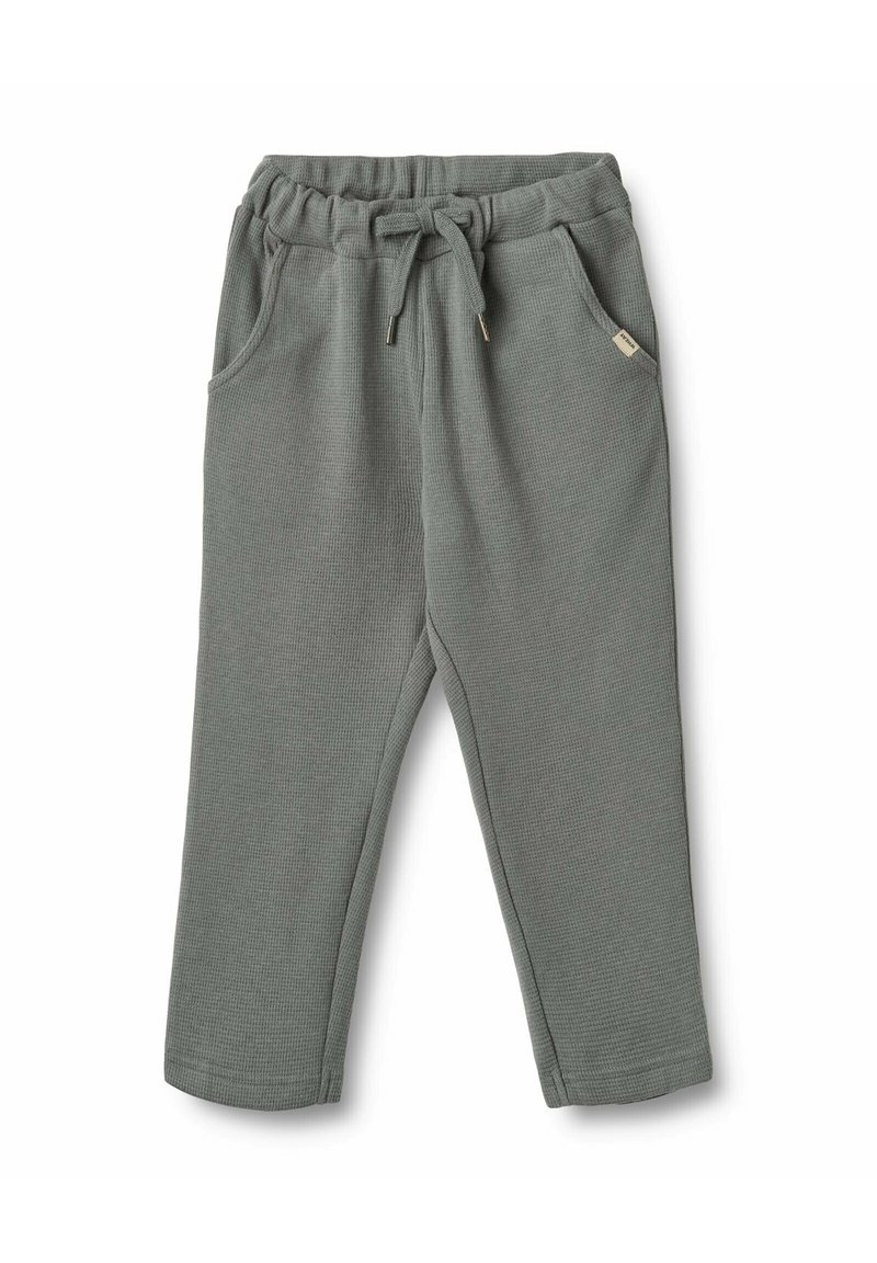 Hellgrüne, strukturierte Baumwollhosen mit elastischem Bund, Zugband und zwei Seitentaschen. Verfügt über goldfarbene Details an den Taschen.