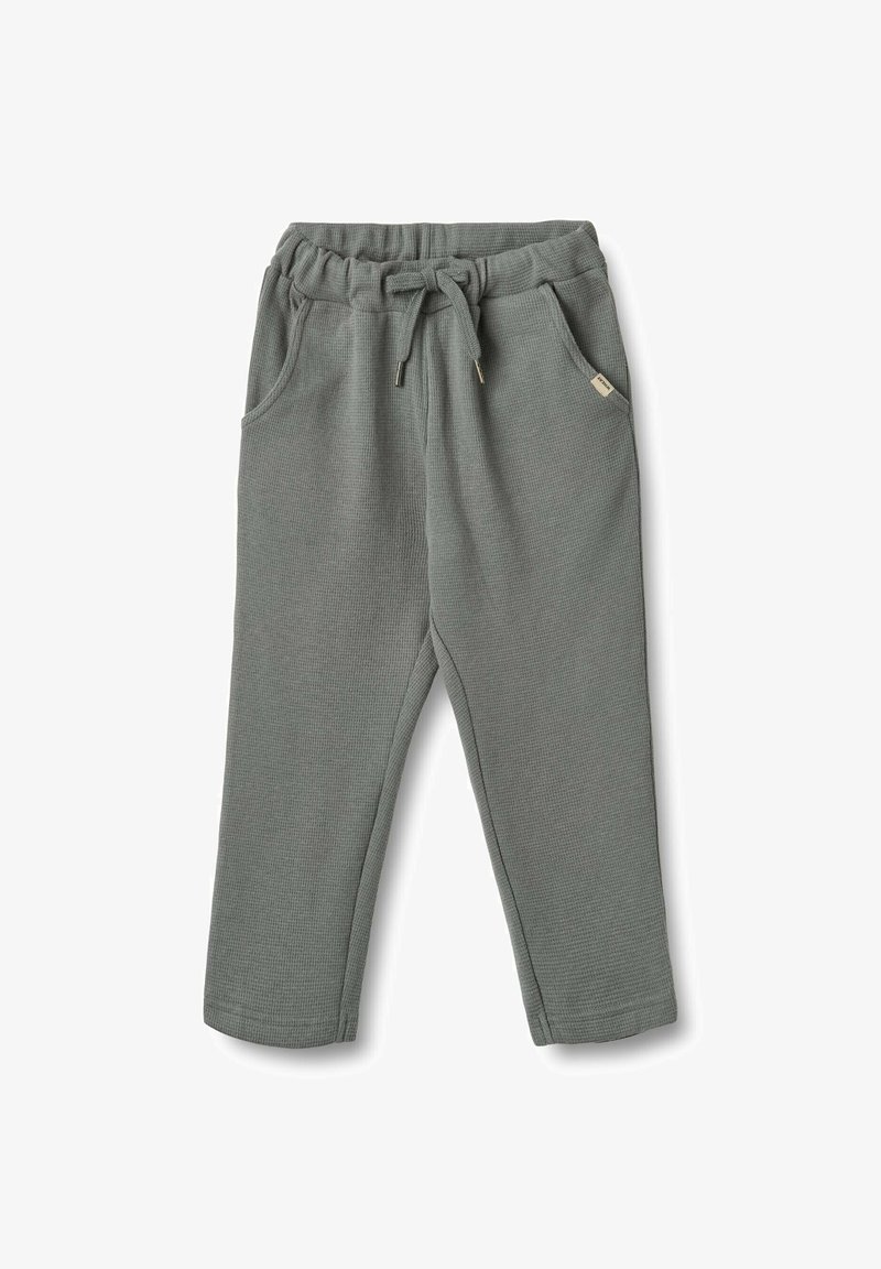 Hellgrüne, strukturierte Baumwollhosen mit elastischem Bund, Zugband und zwei Seitentaschen. Verfügt über goldfarbene Details an den Taschen.