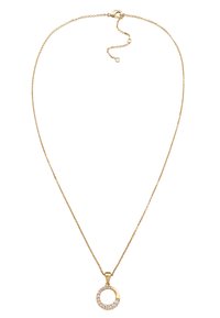 Collana in oro con un pendente circolare decorato con cristalli trasparenti su un lato. La catena è delicata e presenta un fermaglio a gabbia.