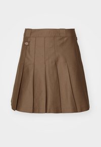 Gonna plissettata marrone realizzata in tessuto resistente; presenta una vita con taglio sartoriale e un piccolo logo del marchio sul lato.