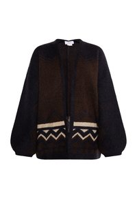 Pulover tricotat de culoare maro închis cu modele geometrice crem. Prezintă un guler rotund și mâneci bombate, fiind confecționat dintr-o textură moale.
