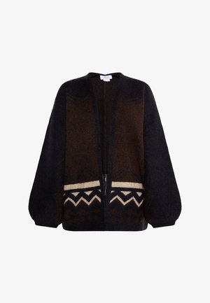 Dunkelbrauner Strickpullover mit geometrischen creamfarbenen Mustern. Verfügt über einen runden Ausschnitt und puffy Ärmel, hergestellt aus einem weichen Material.