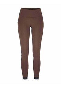 Braune Leggings mit hohem Taillenbund, aus einem dehnbaren Material gefertigt. Verfügt über seitliche, mit einem Reißverschluss versehene Taschen und kontrastierende schwarze Bündchen an den Knöcheln.