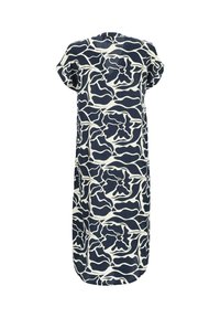 Marineblaues Kleid mit einem abstrakten creamfarbenen Muster, kurzen Ärmeln und einem lässigen Schnitt. Glattes Gewebe mit fließendem Design und abgerundetem Saum.