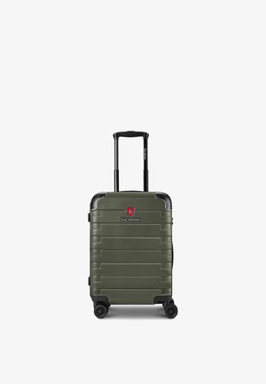 Hard-shell handbagagekoffer olijfgroen met vier wielen en een zwart uitschuifbaar handvat.