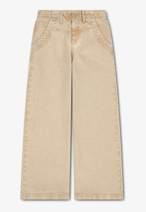 Jean beige à jambes larges et taille haute, avec poches avant, passants de ceinture et fermeture à bouton, présenté sur fond blanc.