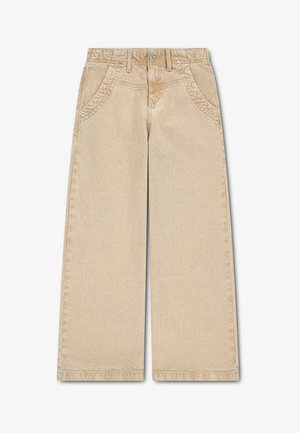 Jean beige à jambes larges et taille haute, avec poches avant, passants de ceinture et fermeture à bouton, présenté sur fond blanc.